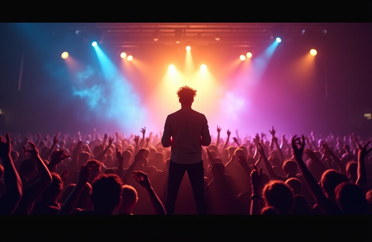 A vibrant concert with an artist on stage facing a large, enthusiastic crowd.
