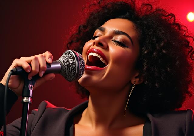 Soul singer Lila Cruz performing passionately into a vintage microphone.