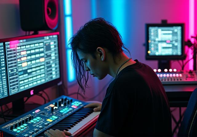 Electronic artist 'Static Bloom' in a studio surrounded by synthesizers.